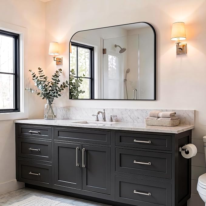 Bathroom Black Vanity Mirror for Over Sink, 30" x 40" | Metal Framed Rounded Corner, Shatterproof Glass, for Bedroom, Living room, Entryway