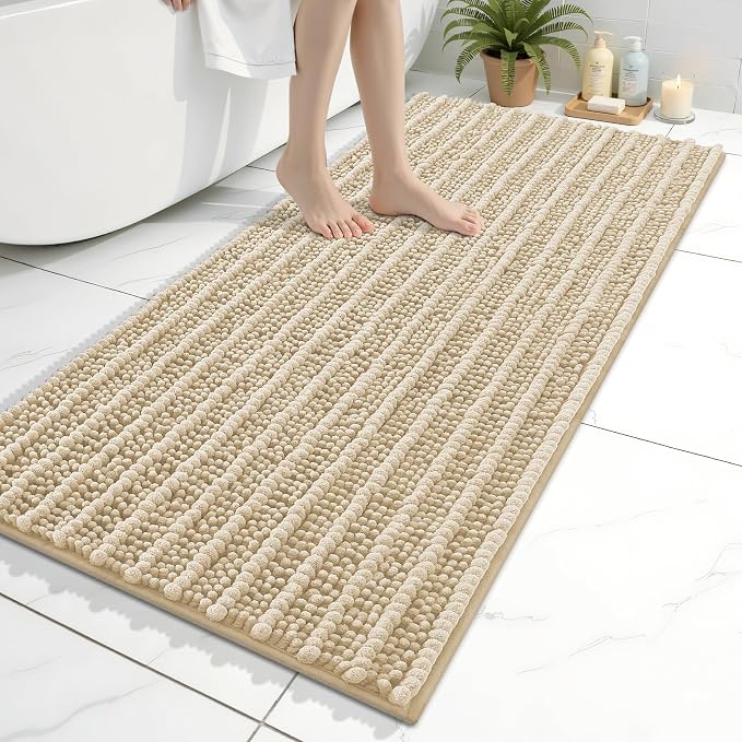 Arotive Bathroom Rugs Mat 47x24, Soft Absorbent Chenille Shaggy Bath Mat | Cream Beige, Machine Wash Dry, Bath Rugs for Bathroom Floor, Tub and Shower, Home Decor Accessories