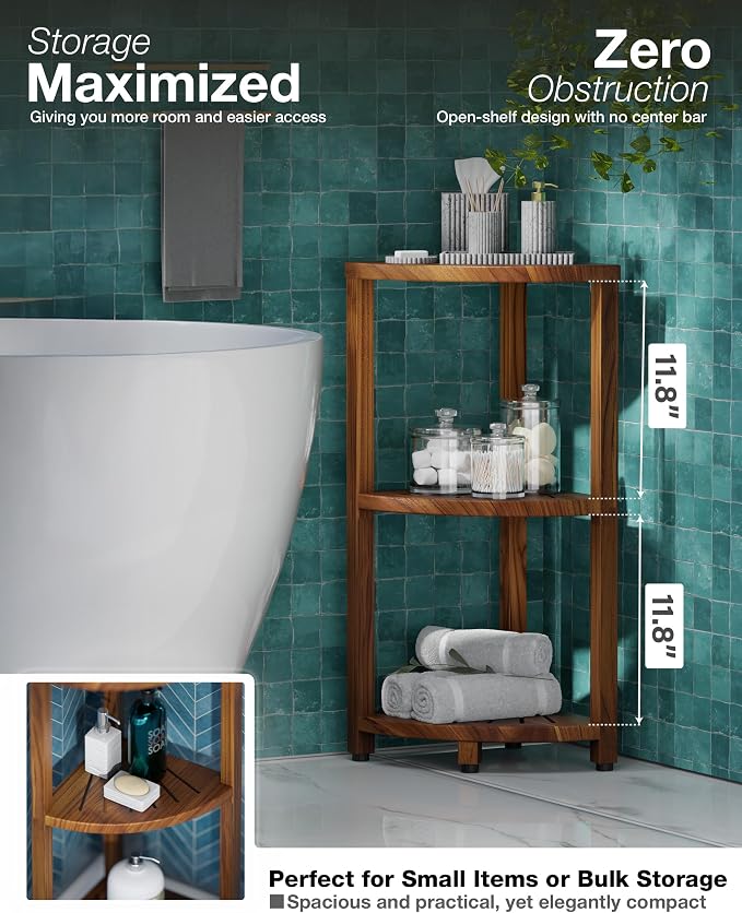 BLUEWEST 3-Tier Wooden Corner Shower Caddy Organizer with Anti-Slip Feet | Waterproof, Durable Bathroom Corner Shelf with a Space-Saving Design for Storage in Showers, Kitchens and Living Room Areas.