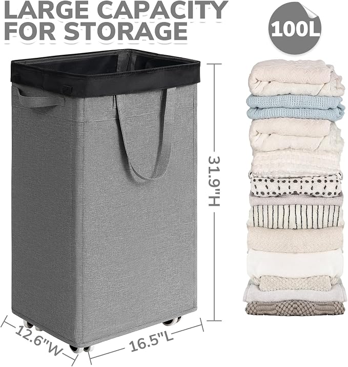CHICVITA 100L Slim Laundry Basket with Wheels & Wash Bag, Light Grey | Removable wash bag, space-saving slim design for bedroom and college dorm. Rolling clothes hamper