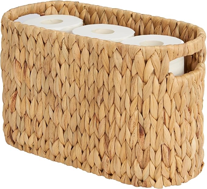 Toilet Paper Storage Basket, Water Hyacinth Wicker Storage Holder for 6 Rolls Toilet Paper with Built-in Handles