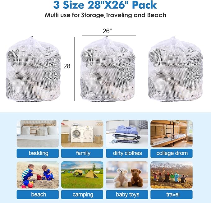 3 Pack XXL Mesh Laundry Bags for Delicates, Extra Large Laundry Wash Bags for Clothes,Bed Linen,Toys with Drawstring Closure Sturdy(3 XXLarge 28 x 26 Inches)