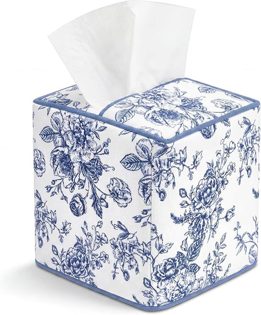 Blue Fabric Tissue Box Cover Floral Print Cotton Tissue Box Decorative Square Napkin Holder Vintage Cottagecore Home Decor for Bathroom Bedroom Vanity Countertop Home Office Kitchen