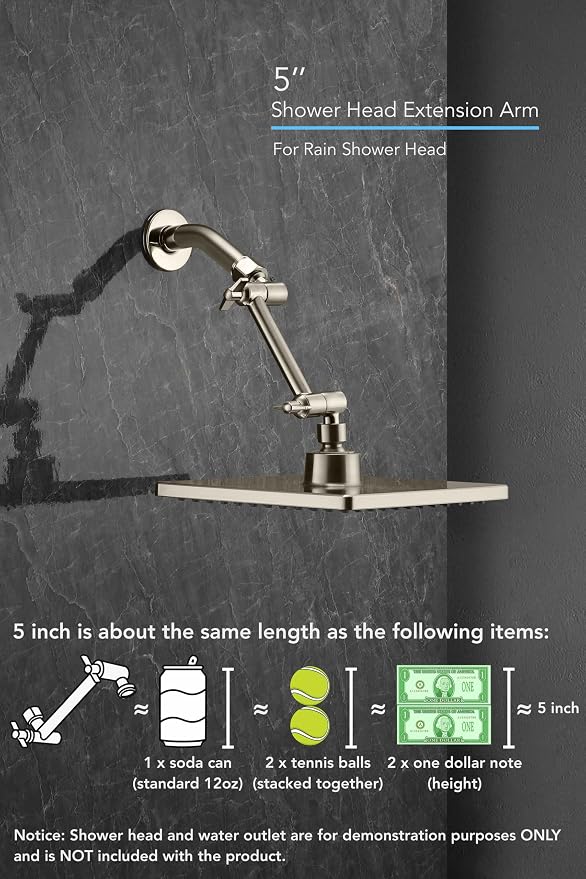 5 Inch Adjustable Shower Head Extension Arm With Locking Set Screw, Singing Rain 304 Stainless Steel Nickel Brushed Angle Height Adjustable, G1/2 Universal Connector Compatible (Nickel Brushed)