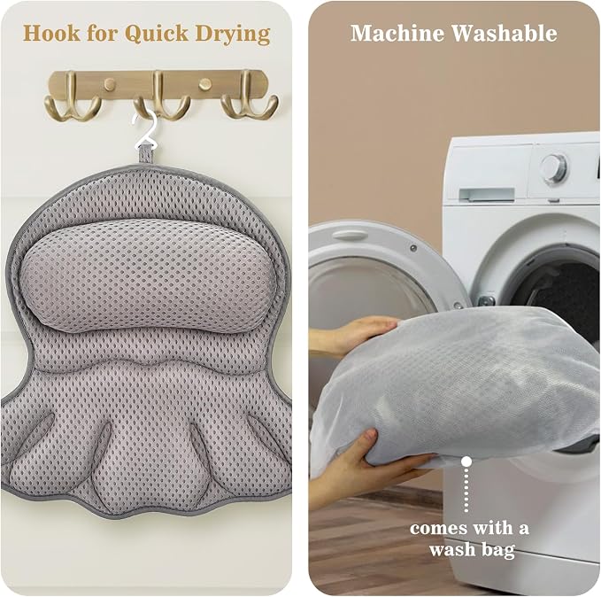 Bath Pillow Luxury Bathtub Pillow, Extra Soft & Comfortable Bath Pillow for Tub Head Neck and Back Support, with 4D Air Mesh Cushions & Non-Slip Suction Cups - Great Bath Gifts (Gray)