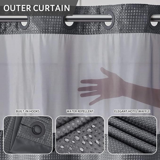 Furlinic No Hooks Needed Waffle Weave Shower Curtain with Snap in Fabric Liner,Honeycomb Texture Bathroom Curtains with See Through Top Window,Waterproof,Dark Grey,71x96 Inch