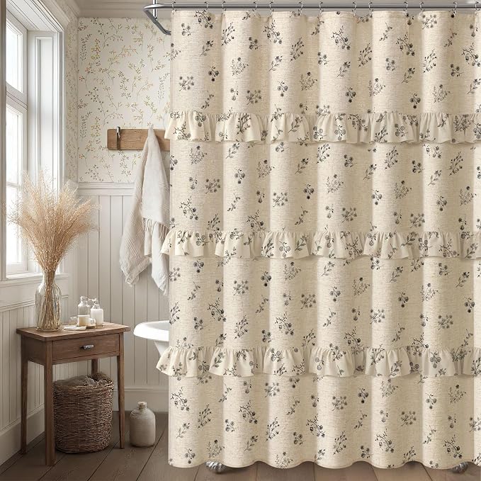 Black Floral Vintage Linen Shower Curtain, French Country Ruffle Shower Curtains for Bathroom, 72Wx72H