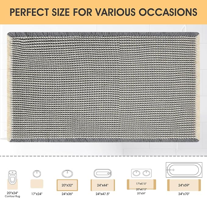 Waffle Bath Mat Grey & Beige 32"x20", Boho Woven Modern Bath Mat Rugs, Absorbent Non Slip Bathroom Rugs, Soft Washable Bath Rugs with Tassels for Bedroom, Kitchen, Shower, Tub