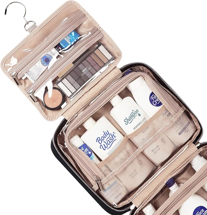 NISHEL Travel Toiletry Bag for women, Portable Hanging makeup Organizer | for Travel-Sized Shampoo, Conditioner, Brushes Set, makeup Accessories, Large Size, Black