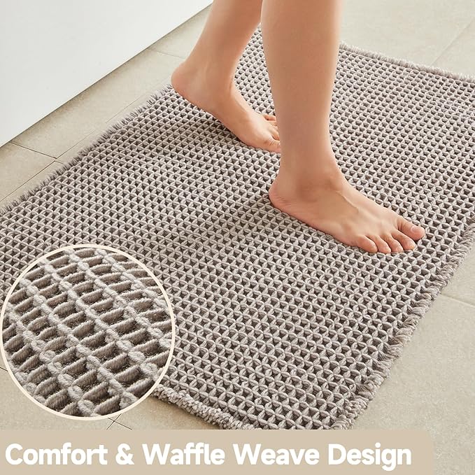 TYUU Waffle Bath Mat, Boho Bathroom Rugs Non Slip Washable Super Absorbent Quick Dry Bath Mat Farmhouse Bathroom Decor, 30"x20" Light Grey