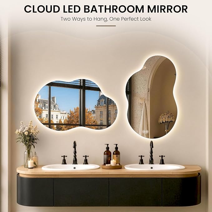 24" x 40" Irregular Backlit Bathroom Mirror, Anti-Fog | Tempered Glass, Cloud Shape, 3 Color Lighting, Stepless Dimming, Memory Function, HD Reflection, Wall Mounted