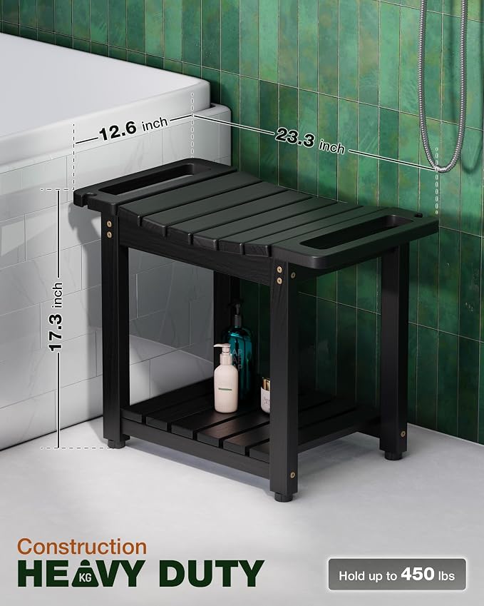 Bluewest 23.4 Inch Shower Bench Seat with Storage Shelf and Handle, Black | Waterproof Bathroom Spa Bench for Sitting Inside the Shower and Shaving Legs, with a Built-In Handle and Shower Head Holder.