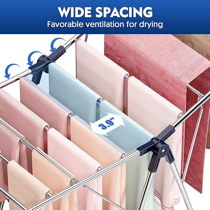 Large Stainless Steel Clothes Drying Rack | Drying Rack Clothing with Height-Adjustable, Foldable Gullwings Laundry Drying Rack, Indoor Outdoor Use, No Assembly, Blue