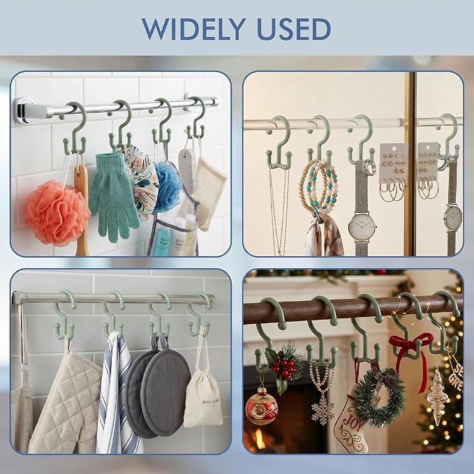 Bathway Green Shower Curtain Hooks, 12 Plastic Double Shower Curtain Rings | Hang Both Shower Curtain & Liner, Waterproof, Rust-proof, Sturdy, Durable, Flexible, Multifunctional, Universal, Easy to Use