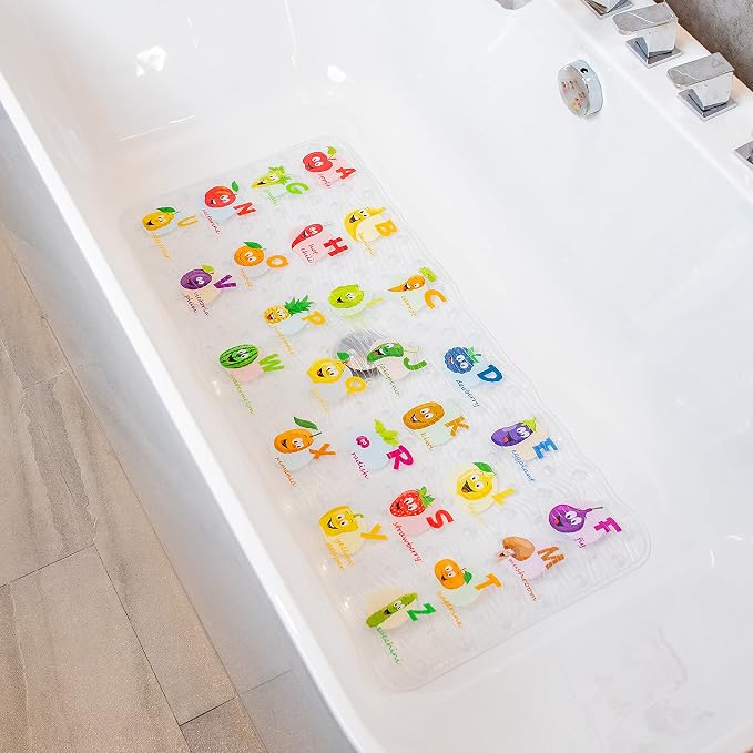Polyvinyl Chloride (PVC) Bath Mat, Alphabet, Square, XL Size, 35x16 inch, Textured Pattern, Suction Cups - Bath Mats for Tub Kids
