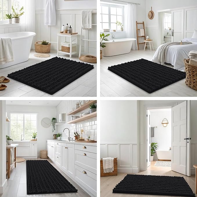 Smiry Bathroom Rugs 59X20, Extra Soft Rubber Backing Chenille Bath Mats | Black Machine Washable Non Slip Quick Dry Bath Mats for Bathroom Floor, Tub, Shower, Home Decor Accessories