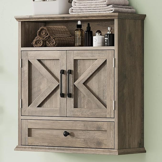 Bathroom Wall Cabinet, Wall Mounted Medicine Cabinet 24.4"H x 23.6"W x 9"D | With Drawer, Barn Doors & Adjustable Shelf, Grey Over Toilet Farmhouse Storage Cabinet for Kitchen, Laundry Room, Entryway