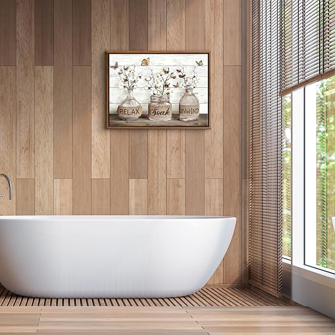 BJVJKSU Framed Farmhouse Bathroom Wall Art Brown Rustic Cotton Flower Bathroom Canvas Wall Decor Relax Soak Unwind Sign Painting Print Vintage Aesthetic Picture Artwork Decor(16x24in)