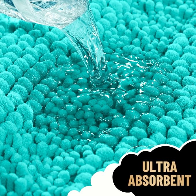 OLANLY Thick Toilet Rugs U-Shaped 24x20, Soft Chenille Bath Mat, Teal | Extra Absorbent Striped Contour Bathroom Rugs for Toilet, Dry Quickly, Machine Washable, Non-Slip