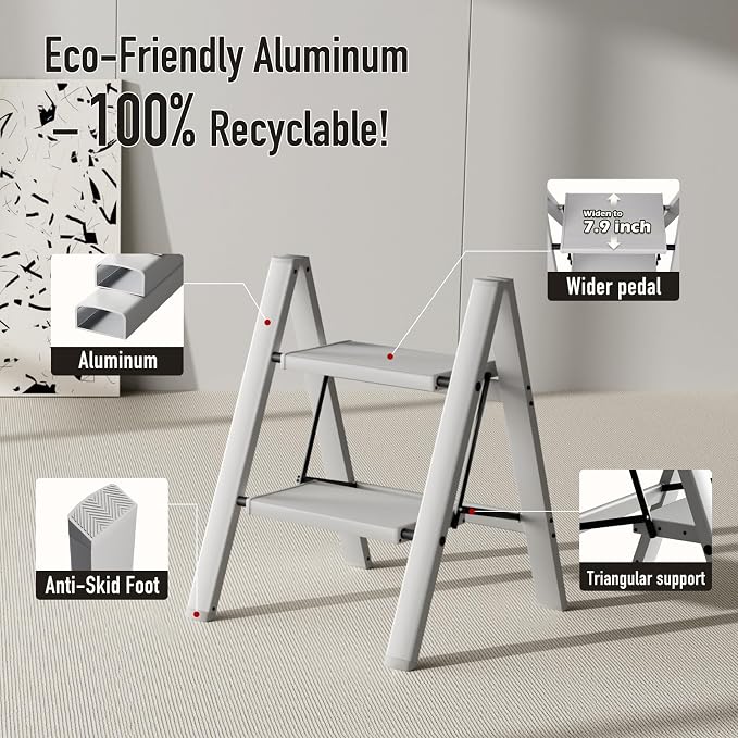 Mayi Plus 2 Step Stool Foldable, Aluminum, Lightweight Step Ladder | Extra-wide anti-slip folding steps with 330 lbs, for home,kitchen,office,outdoor,Grey