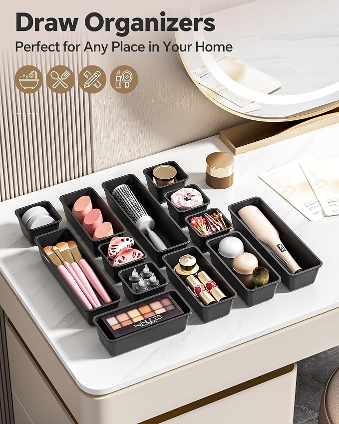 Canfanni 13 Pack Plastic Drawer Organizers Set, 3 Sizes Desk Drawer Organizer Trays for Vanity and Makeup Organizer, Organization and Storage for Makeup, Kitchen Utensils, Bathroom and Office(Black)
