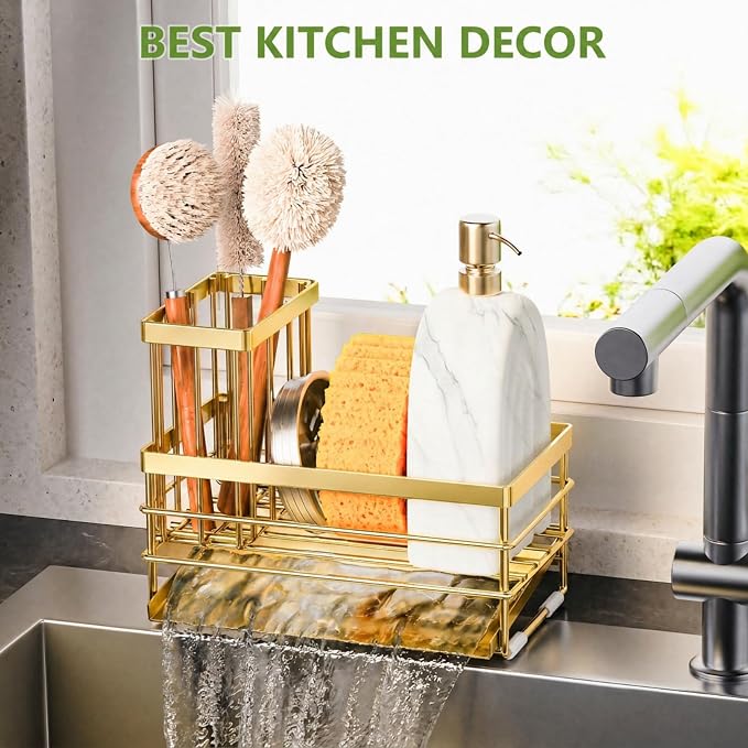 Cisily Gold Sink Caddy Sponge Holder for Kitchen with Brush Holder and Stainless Steel Self Drain Tray, Rustproof Kitchen Sink Organizer for Sponge, Soap Dispenser Storage Accessories