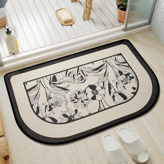 Half Circle Bath Mat, Thin Bathroom Rugs Fit Under Door, Black 20x31 | Non Slip, Quick Dry Absorbent, Rubber Backing Washable, Semi Circle Bathmat for Bathroom Floor, Tub and Shower, Home Decor