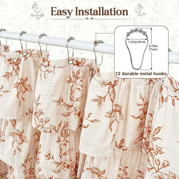 Yinhua Fall Ruffle Shower Curtains for Bathroom with Floral, 72" Wx72 L | Orange Floral Print, Ruflle Design, 12 Metal Hooks, Vintage Rustic Washable Waterproof Shower Curtain for Bathroom Bathtub
