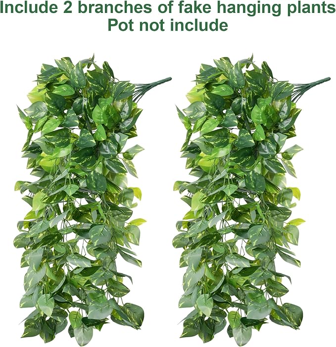 Faux Outdoor Plants Fake Hanging Plants for Outdoors Outside Decorations, 2 Pcs Green Faux Pothos Plant Vines Realistic UV Resistant Artificial Greenery for Planters Porch Garden Yard Front Door Patio