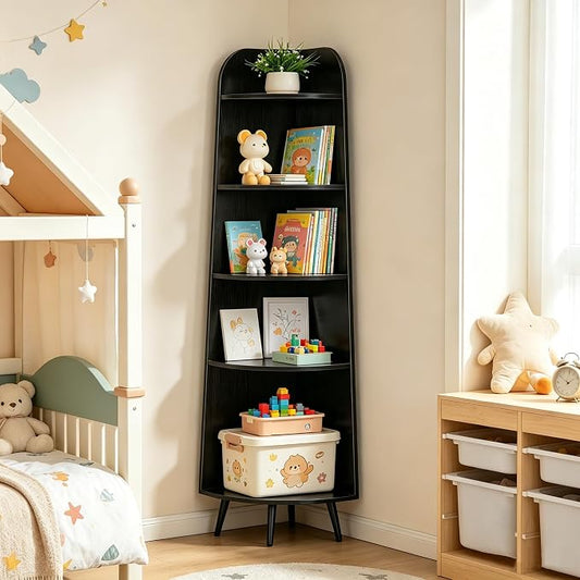 VECELO Large Tall Corner Shelf, 66.93" H 5-Tier Corner Storage Organizer, Freestanding Corner Display Rack for Living Room Bedroom Home Office, Black