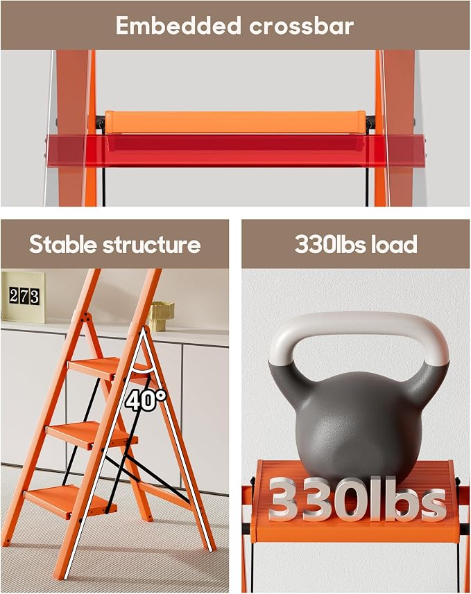 HillhutApex Aluminum 3 Step Ladder, Step Stool Foldable Ladder(Orange) | Stepladder with Handgrip,Anti-Slip Pedals,330lbs Capacity,Lightweight Portable Folding Ladder for Home,Office,Libaray