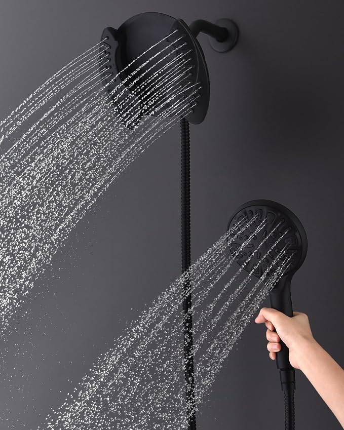 2 in 1 Shower Head with Handheld Combo High Pressure Black 2.5 GPM | 7.2" Rain Showerhead and 9 Spray Hand Held Shower, Adjustable Shower Angle, 59-inch Rotatable Stainless Steel Hose