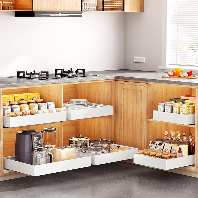 Pull out Cabinet Organizer, 21"Deep, Heavy Duty Full-Extension Slide out Drawers for Kitchen Cabinets with Nano Adhesive, Roll Out Shelf Sliding Cabinet for Pots, Bathroom, Pantry, Under Sink, White