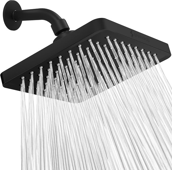SparkPod Rain Shower Head, 8 Inch Square, Midnight Black Matte Finish | High Pressure Shower Heads, 90 Nozzles, Adjustable Showerhead, No Tools Needed, Universal Connection
