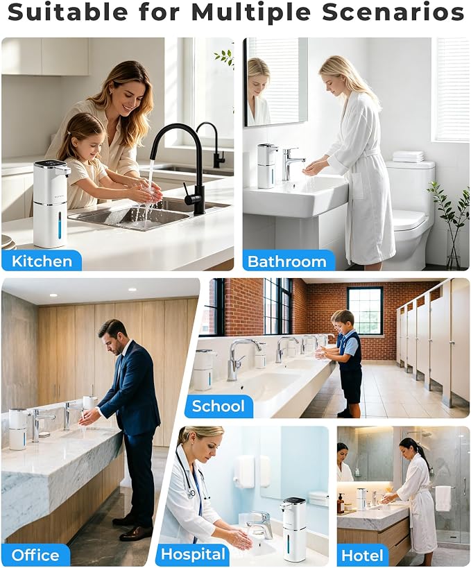 2 Pack Automatic Liquid Soap Dispenser, USB Rechargeable | , 13.5oz/400mL, 9-Adjustable Liquid Levels, IPX5 Waterproof, Touchless & Wall/Tabletop Use for Kitchen Bathroom, White