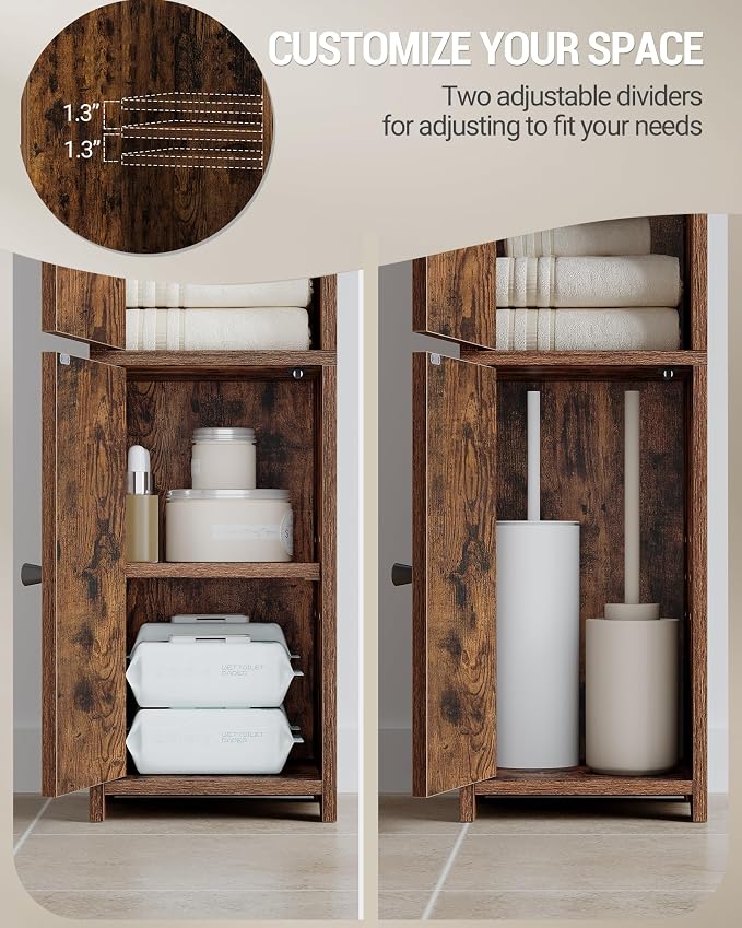 Hzuaneri Bathroom Storage Cabinet, Small Corner Floor Cabinet with 2 Doors | Narrow Toilet Paper Cabinets with Adjustable Shelf, Bathroom Organizer for Small Spaces, 7.9"D x 7.9"W x 29.5"H Rustic Brown