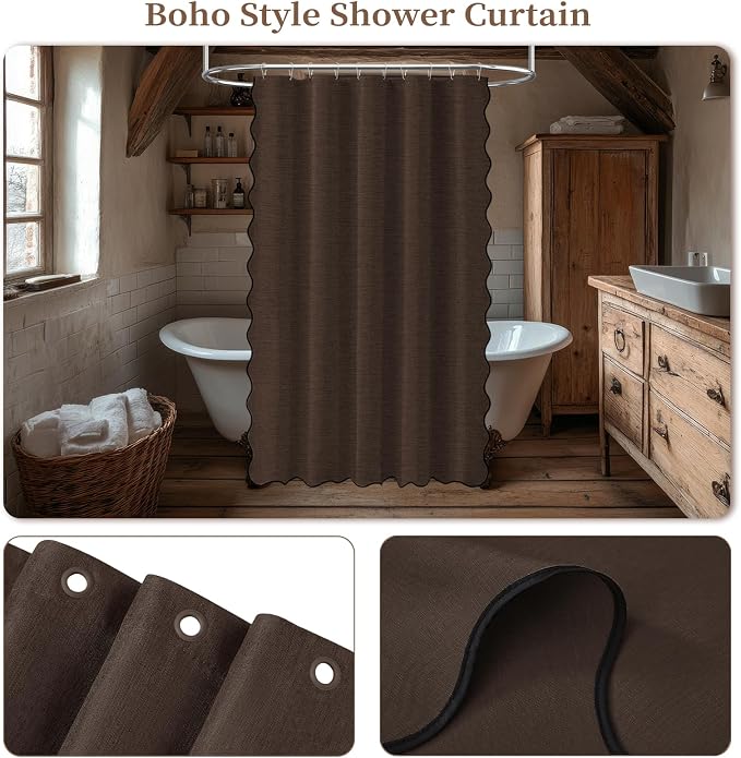 54x78 Boho Scalloped Linen Textured Cloth Shower Curtain Set, Brown | Narrow Long Size, 230GSM Waterproof Polyester, Heavy Duty Fabric, 10 Plastic Hooks, Elegant Farmhouse Style, Machine Washable