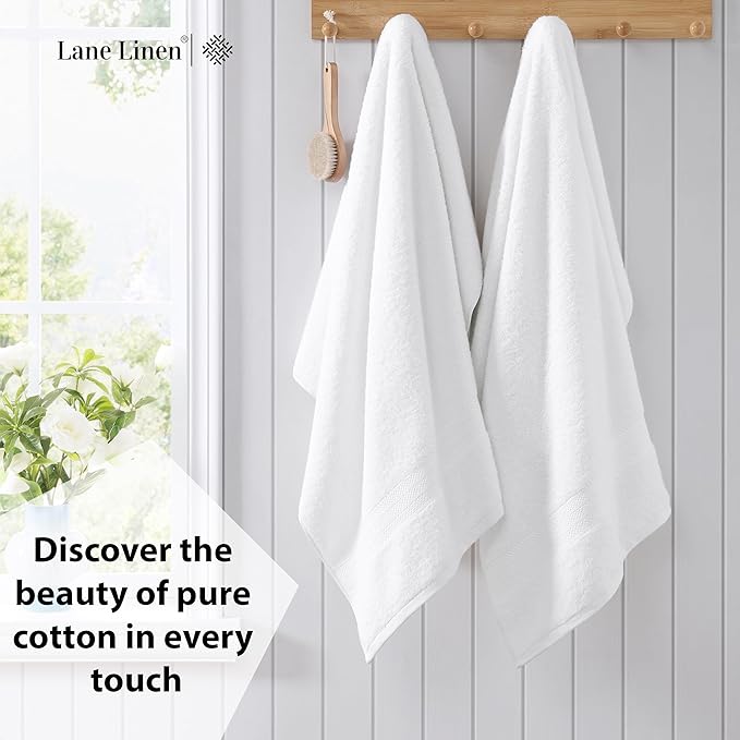 LANE LINEN Large Bath Towel Set Absorbent Quick Dry 100% Cotton - White | Bath Towels Set Of 4 - Fade-Resistant Color, Classic Terry Weave, Densely Woven, Coordinated Colors, Dobby Border Accent