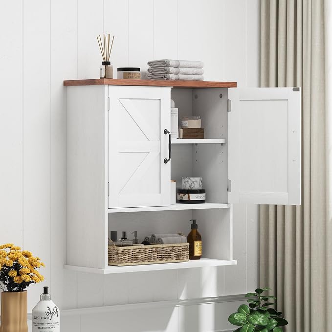 Smuxee Farmhouse Bathroom Cabinet Wall Mounted, White Small Medicine Cabinet with Adjustable Shelf, Bathroom Cabinet for Living Room, Laundry Room