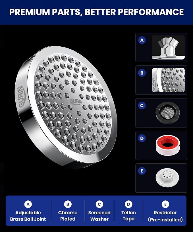Shower Head - Luxury Polished Chrome Finish - Rain Showerhead 6 Inch | High Pressure Shower Heads with Adjustable Angles, 90 Anti-Clog Nozzles, Tool-Free 1-Min Install