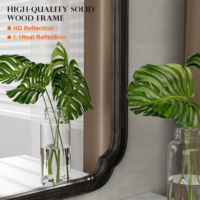 24" x 36" Rounded Corner Arch Wall Mirror with Wood Frame for Entryway, Living Room or Bedroom Home Decor - Light Woodgrain [24" x 36" Black]