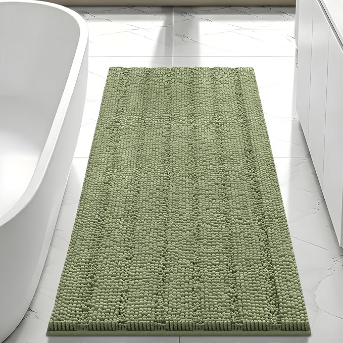 Bcoimo Bath Rug Mat,Sage Chenille High Absorbent Long Bathroom Runner Rugs | Non Slip with Rubber Back Bathroom Mat For Floor,Tub,Shower; Extra Soft mat; Quick Dry 44x24 Microfiber mat; Machine Washable