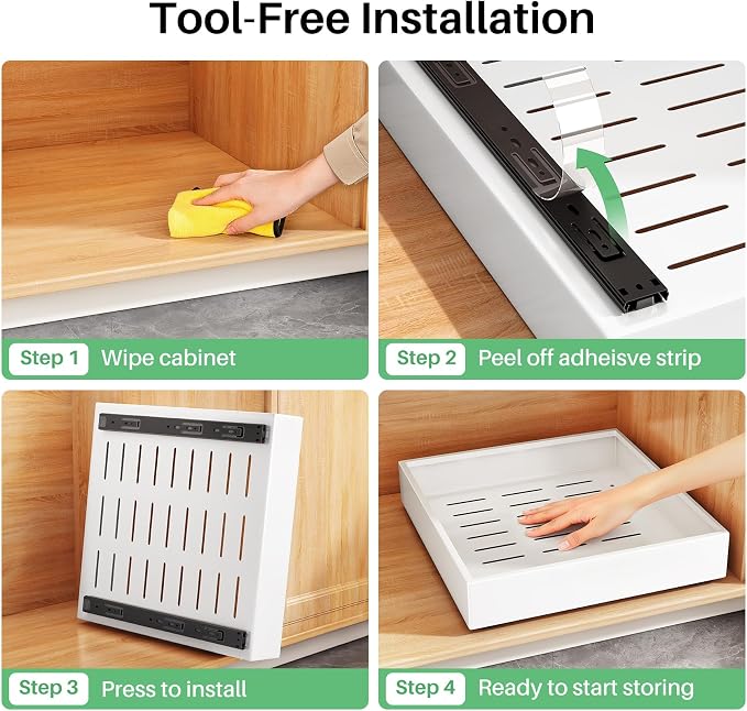 2Pack Pull out Cabinet Organizer, 21"Deep, 20"Wide Full-extension Heavy Duty Slide out Drawers Fixed with Adhesive Nano, Roll Out Shelves Sliding Cabinet for Kitchen,Bathroom,Pantry,Under Sink(White)