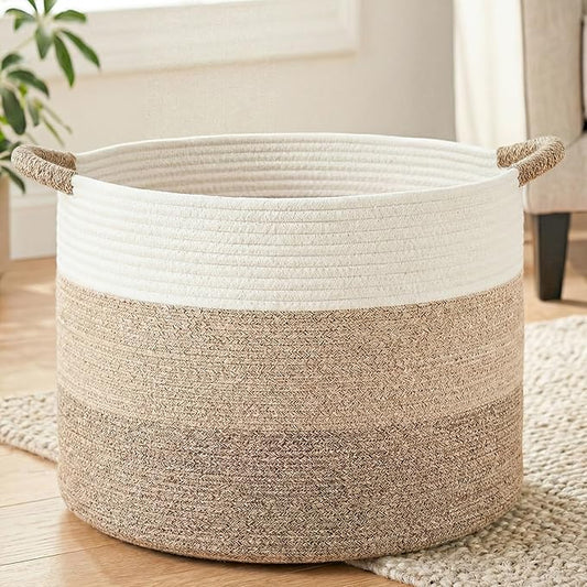 Artfeel 40L Large Cotton Rope Basket, Decorative Woven Blanket Storage for Living Room, Boho Toy Storage & Toy Box for Kids, Versatile Laundry Basket & Nursery Hamper for Blankets(Brownyellow)