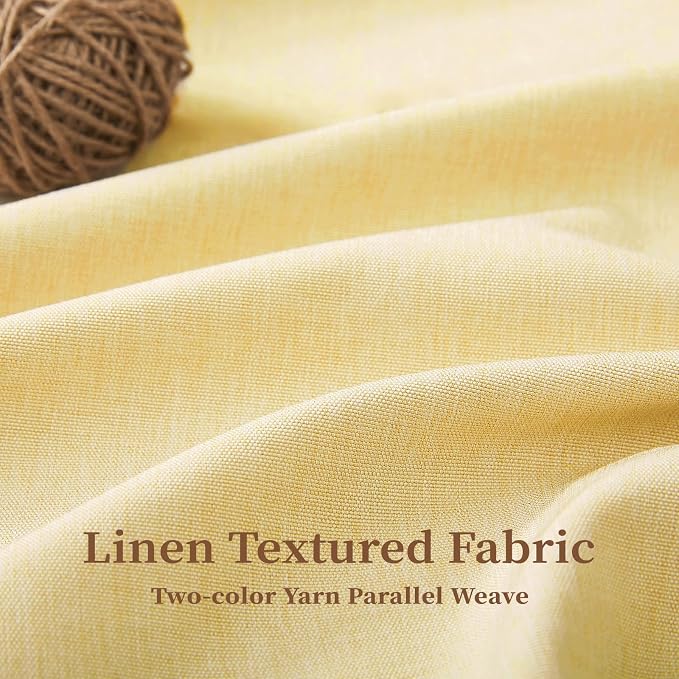 Yellow Boho Scalloped Linen Textured Cloth Shower Curtain Set, 72x72 | 230GSM Waterproof Polyester, Heavy Duty Fabric, 12 Plastic Hooks, Modern Farmhouse Style, Machine Washable, Bathroom Decor