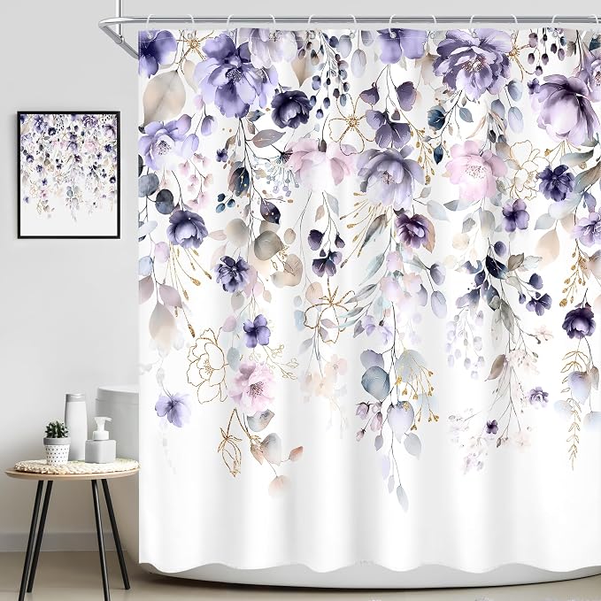 Purple Floral Girls Girly Boho Watercolor Bathroom Shower Curtain Set | 72"W x 72"L Flower Wildflower design with waterproof HD artwork, quick-dry fabric and hooks for easy hanging.