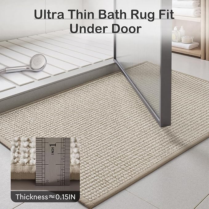 MontVoo Bathroom Runner Rugs,Chenille Absorbent Bath Mat Runner Quick Dry Rubber Backed Bath Runners Non Slip Washable Long Bathroom Rugs,Ultra Thin Bath Rugs Fit Under Door,24"x48",Beige