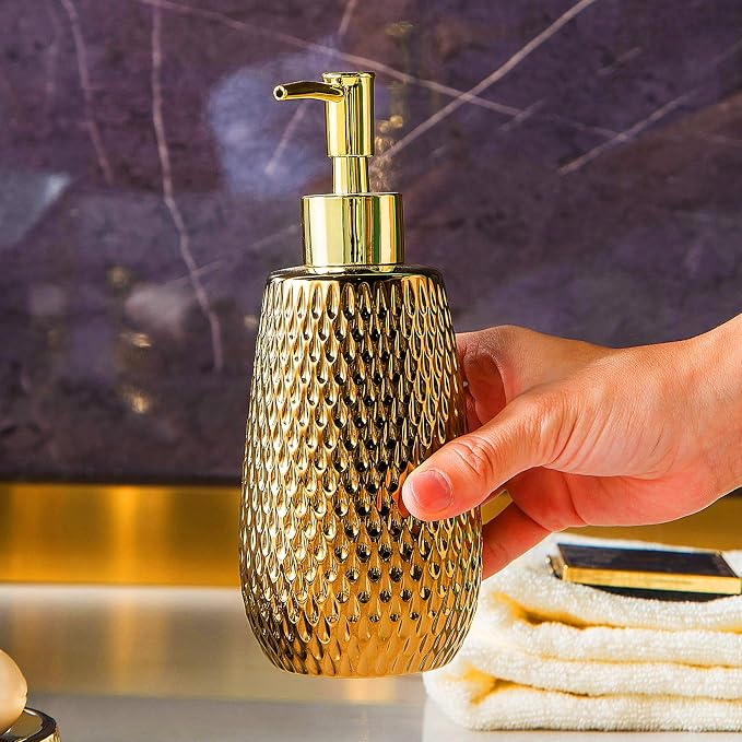 Gold Bathroom Accessory Set 4 Piece Ceramic Bath Accessories Sets Complete, Rain- Drop Shaped Bathroom Essential with Toothbrush Holder & Dish, Tumbler, Soap Dispenser Set for Bath Decor