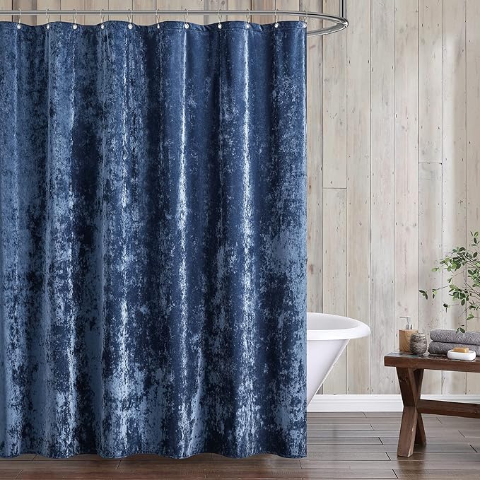Fredsure Distressed Velvet Shower Curtain Set, 13 Pieces Navy Including 1 Piece 72"x72" Shower Curtain and 12 Pieces Silver Hooks