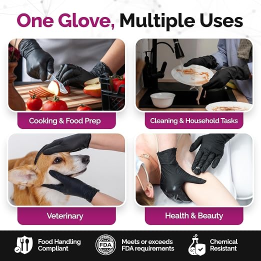 GripProtect Precise Black Nitrile Gloves 4 Mil, Chemical Resistant Gloves | Small Textured Grip for Mechanics, Tattoos, Food Prep & Cleaning – Medical Grade Disposable Gloves